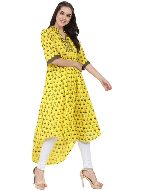 Yellow printed half sleeve cotton Anarkali kurta