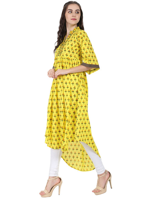 Yellow printed half sleeve cotton Anarkali kurta