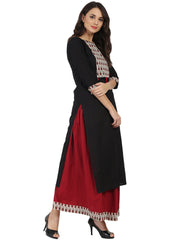 Black 3/4th Sleeve cotton kurta with Maroon flared skirt