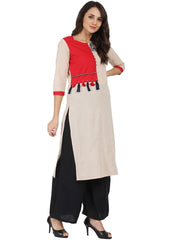 Off white 3/4th sleeve south cotton chemary straight kurta with designed yoke
