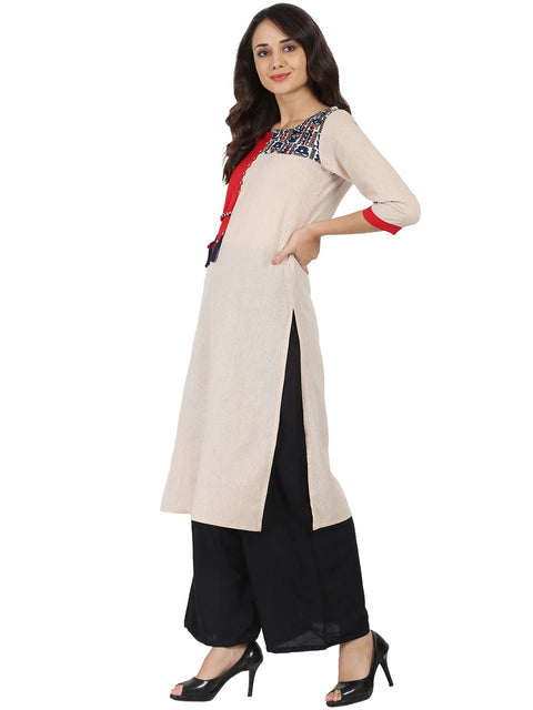 Off white 3/4th sleeve south cotton chemary straight kurta with designed yoke