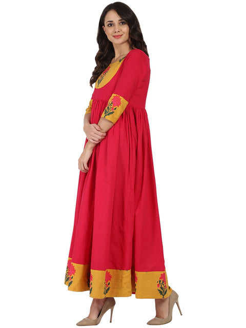 Pink 3/4th sleeve cotton Long Anarkali kurta with printed yoke