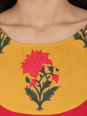 Pink 3/4th sleeve cotton Long Anarkali kurta with printed yoke