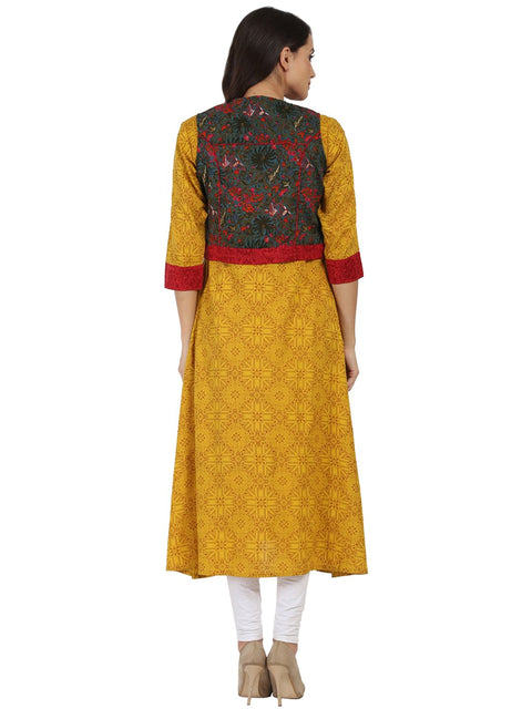 Yellow printed 3/4th sleeve Rayon Anarkali kurta with Blue printed Jacket