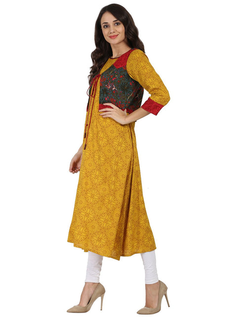 Yellow printed 3/4th sleeve Rayon Anarkali kurta with Blue printed Jacket