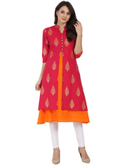 Red and orange printed 3/4th sleeve double layer cotton kurta