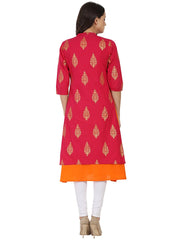 Red and orange printed 3/4th sleeve double layer cotton kurta