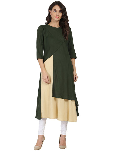 Green & off white 3/4th sleeve rayon double layer A-line kurta