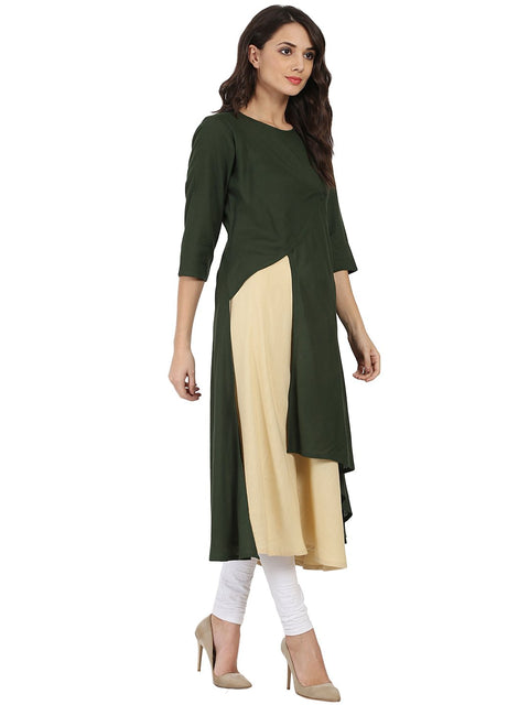 Green & off white 3/4th sleeve rayon double layer A-line kurta