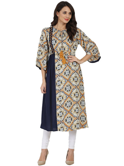 Blue printed 3/4th sleeve rayon Anarkali kurta with embroidery work