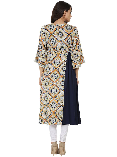 Blue printed 3/4th sleeve rayon Anarkali kurta with embroidery work
