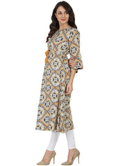 Blue printed 3/4th sleeve rayon Anarkali kurta with embroidery work