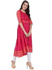 Pink printed 3/4th sleeve cotton Anarkali kurta
