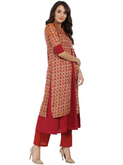 Red printed 3/4th sleeve Chandri double layer kurta
