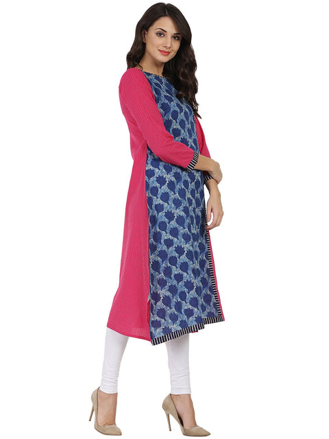 Blue & Pink printed 3/4th sleeve Cotton kurta