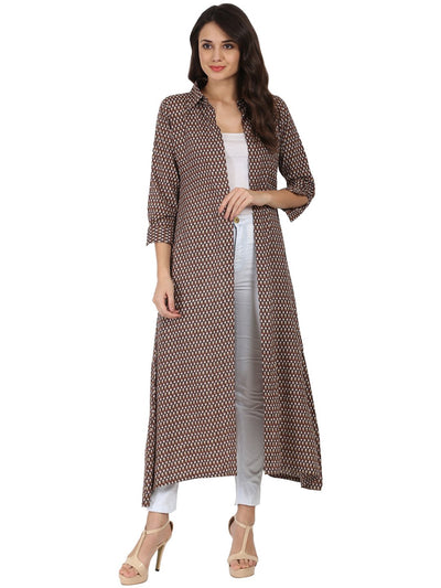 Brown printed 3/4th sleeve cotton kurta with front open