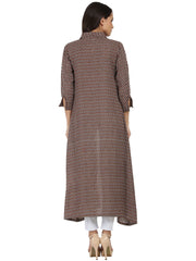 Brown printed 3/4th sleeve cotton kurta with front open