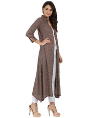 Brown printed 3/4th sleeve cotton kurta with front open