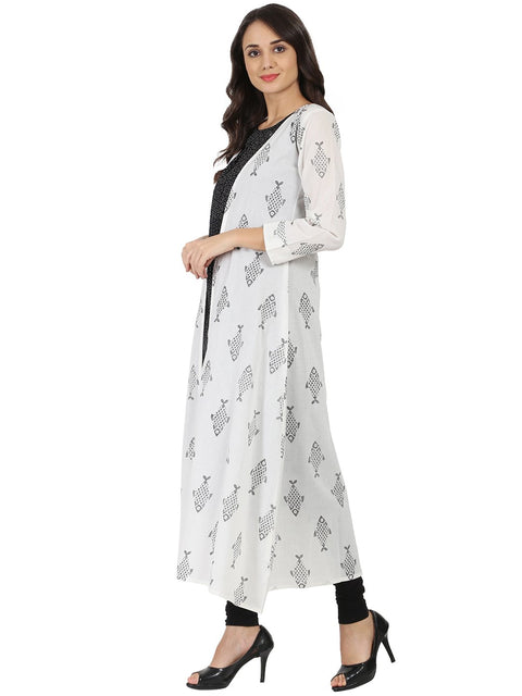 Dark grey sleevelss Cotton A-line kurta with white printed long jacket open at front