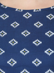 Blue printed 3/4th sleeve cotton double pocket Kurta with yellow flared ankle length skirt
