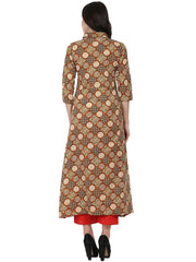 Rust printed 3/4th sleeve cotton A-line Kurta with red Tulip Pant