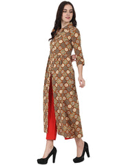 Rust printed 3/4th sleeve cotton A-line Kurta with red Tulip Pant