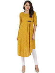 Yellow printed half sleeve Rayon A-line kurta