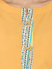 Yellow 3/4th sleeve crepe kurta with Dori work at yoke