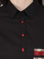 Black printed 3/4th sleeve cotton A-line kurta with pocket