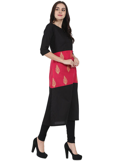 Black & red printed 3/4th sleeve cotton kurta