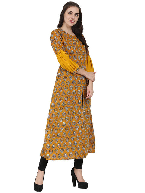 Yellow printed full sleeve cotton A-line kurta with centre slit