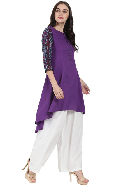Purple 3/4th sleeve cotton A-line kurta