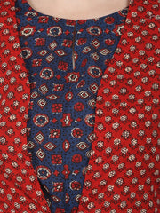 Blue printed 3/4th sleeve cotton anarkali kurta with red printed sleeveless long jacket
