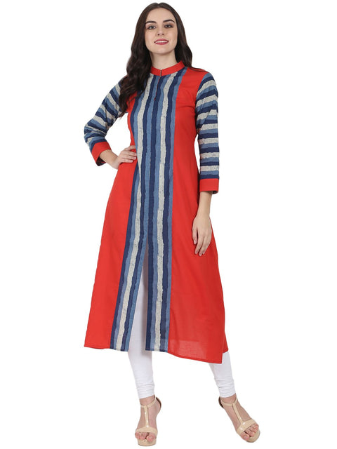 Blue & Red printed 3/4th sleeve long cotton kurta