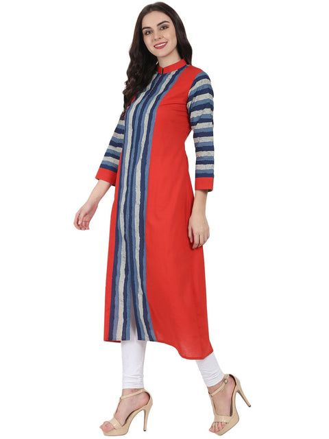 Blue & Red printed 3/4th sleeve long cotton kurta