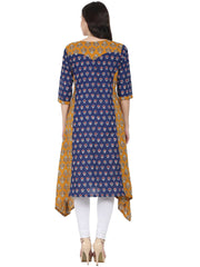 Blue & Yellow printed 3/4th sleeve cotton A-line kurta