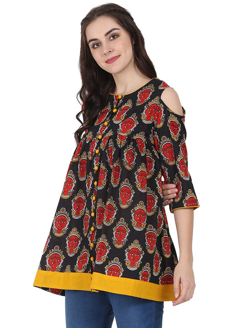 Black & Red printed 3/4th sleeve cotton Flared tunics