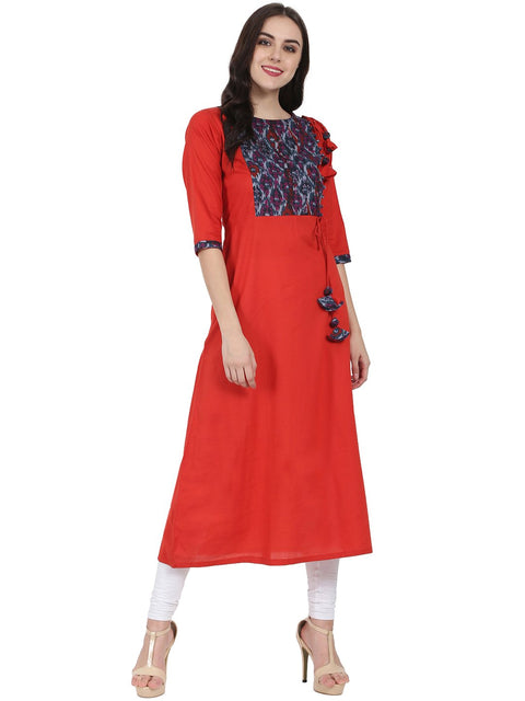 Red 3/4th sleeve cotton A-line kurta with Dori & Latkan work at yoke