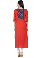 Red 3/4th sleeve cotton A-line kurta with Dori & Latkan work at yoke