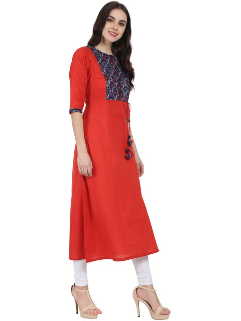 Red 3/4th sleeve cotton A-line kurta with Dori & Latkan work at yoke