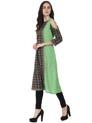Green printed 3/4th sleeve cotton A-line kurta