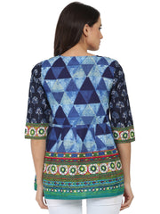 Blue printed 3/4th sleeve cotton Angrakha style tunic with latkan work at yoke