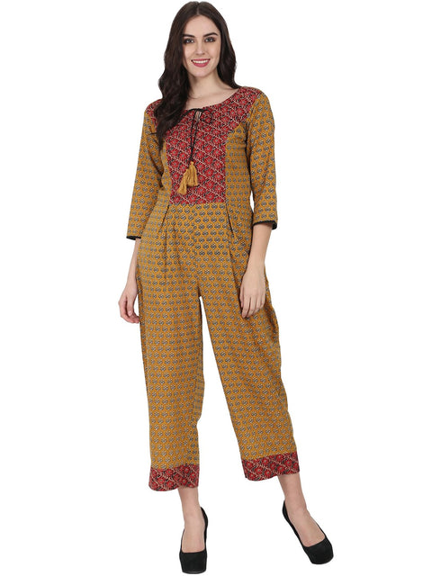 Yellow printed 3/4th sleeve cotton Jumpsuit with double pocket & dori work at yoke