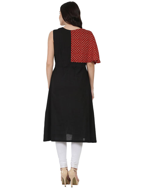 Black printed sleeveless Cotton A-line kurta