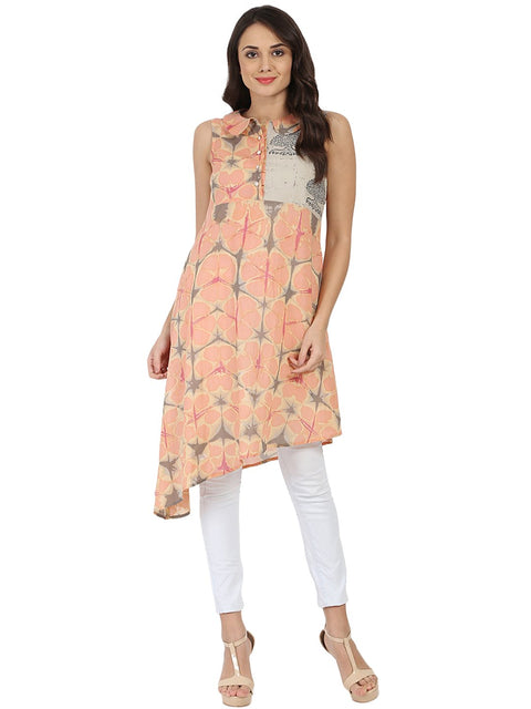 Peach printed sleeveless cotton A-line kurta