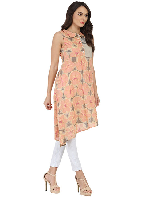 Peach printed sleeveless cotton A-line kurta