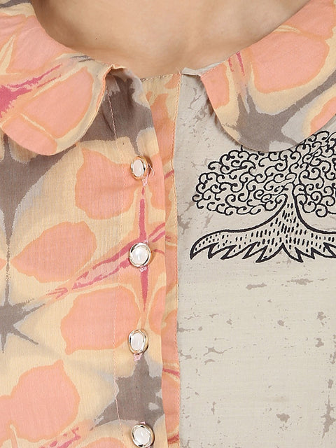 Peach printed sleeveless cotton A-line kurta