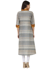 Blue printed 3/4th sleeve Cotton A-line front open kurta