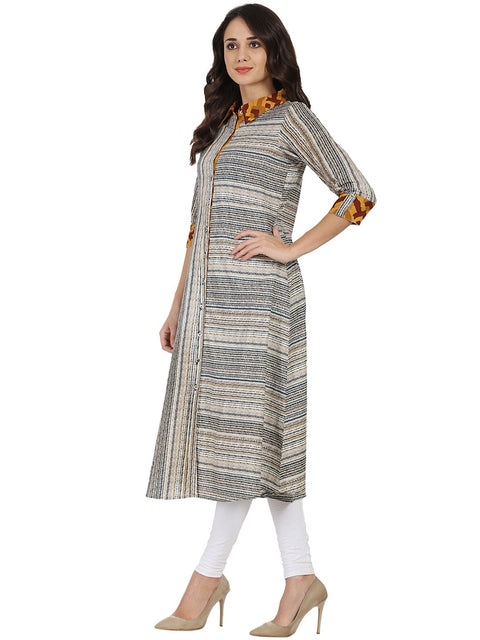 Blue printed 3/4th sleeve Cotton A-line front open kurta