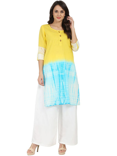 Yellow & Blue tye dye 3/4th sleeve cotton kurta